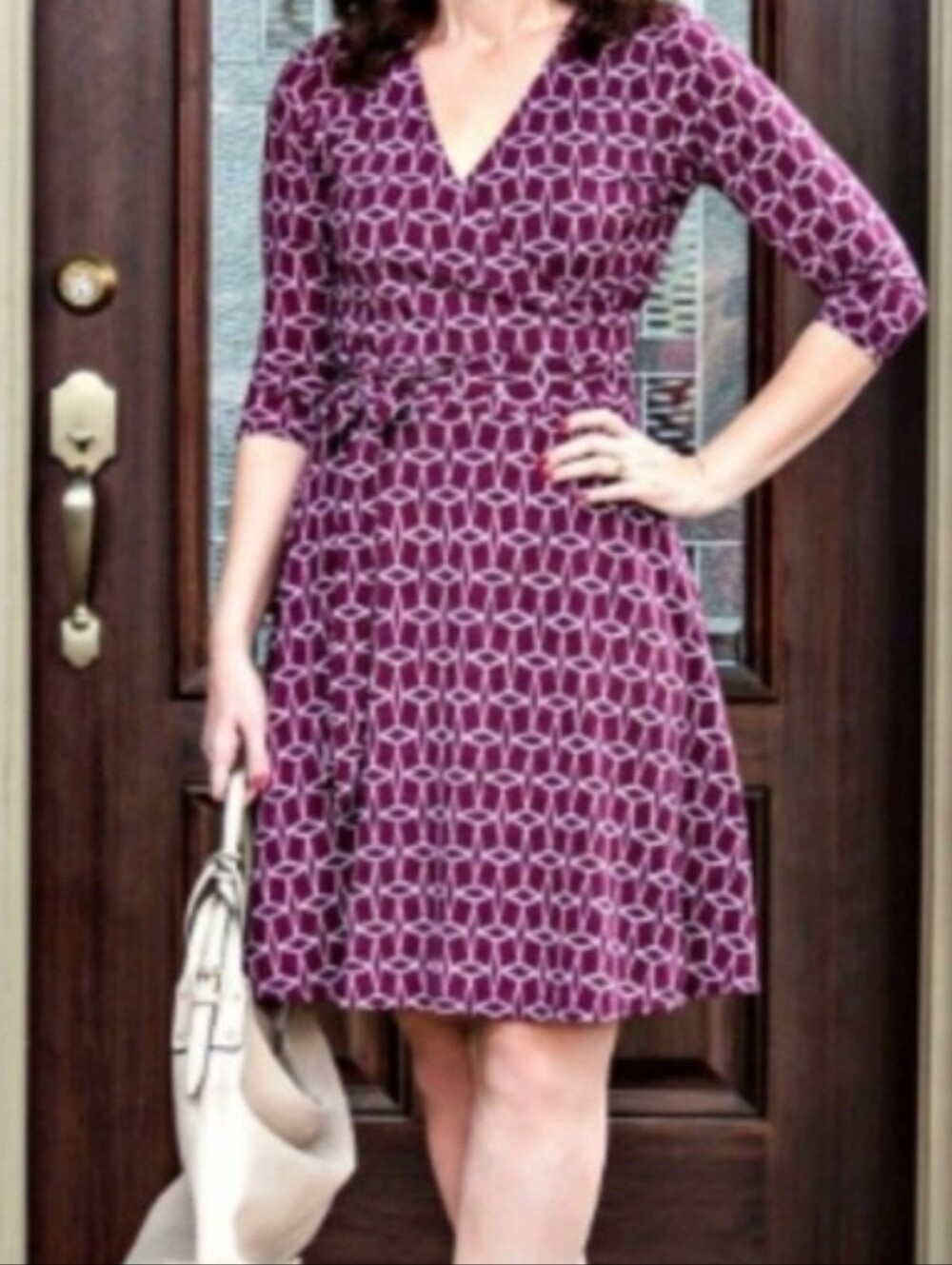 41Hawthorn 3/4 Sleeve Midi Women's Geometric Wrap Dress in Plum